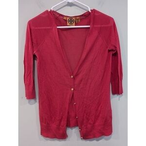 Tory Burch Raspberry Pink Cotton Silk Cashmere Wool Blend Cardigan Small
